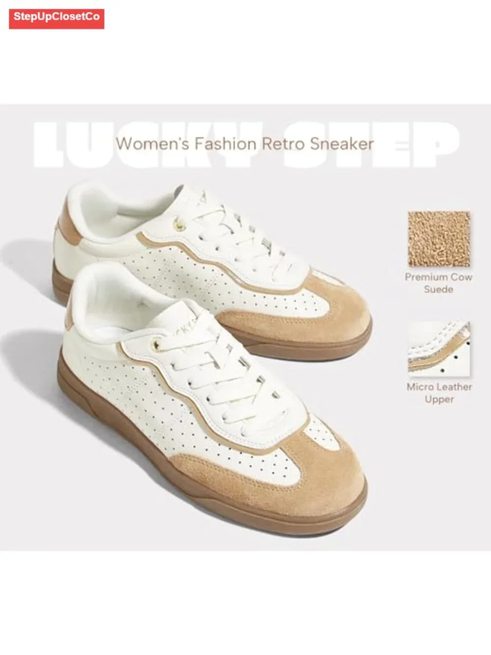 Lucky Step Women's Retro Court Sneakers Low Top Lace-Up Suede Toe Cap Casual